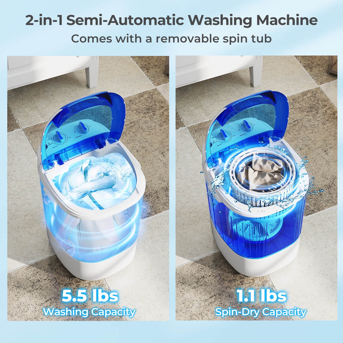 Costway Portable Washing Machine 5.5 lbs Mini Top Load Washer with Removable Spin-Dry Tub Blue
