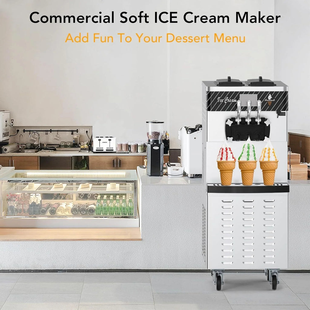 Garvee Commercial Ice Cream Machine 3-Flavor Floor Soft Serve Yogurt Maker 5.8-8Gal/H Yield With 2*7L Hoppers & 2*1.8L Cylinders