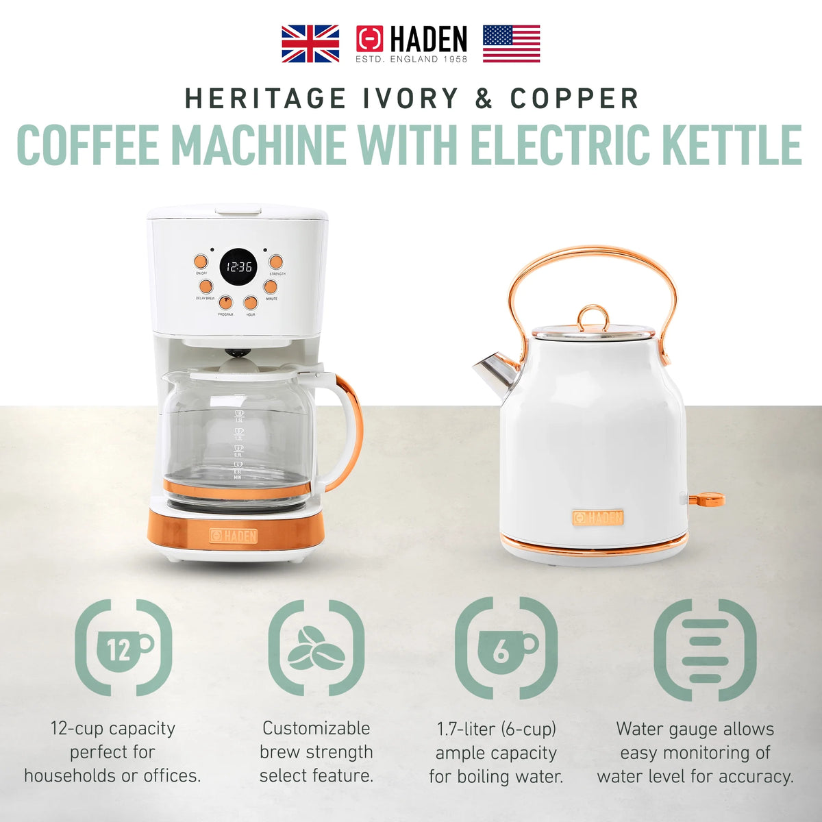 Haden Coffee Maker & Heritage 1.7 Liter Electric Kettle, Black & Chrome