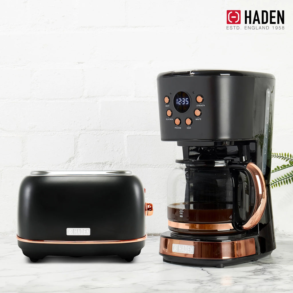 Haden Heritage 2 Slice Wide Slot Toaster & Coffee Maker, Black & Copper