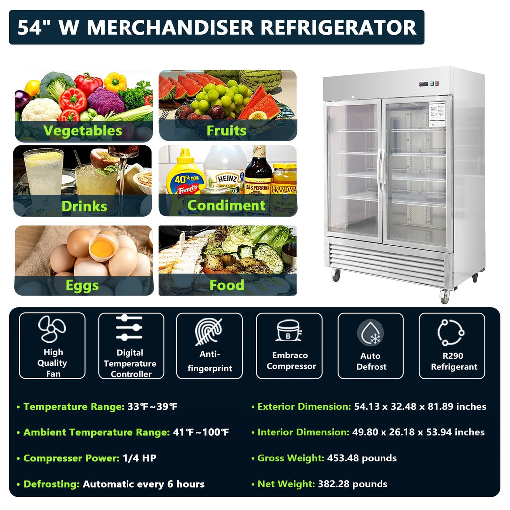 54"W Commercial Refrigerator 2 Glass Door Stainless Steel Interior and Exterior Construction Display Refrigerator 42.2 Cu.ft. Reach-in Merchandising Refrigerator Upright Fan Cooling Merchandiser