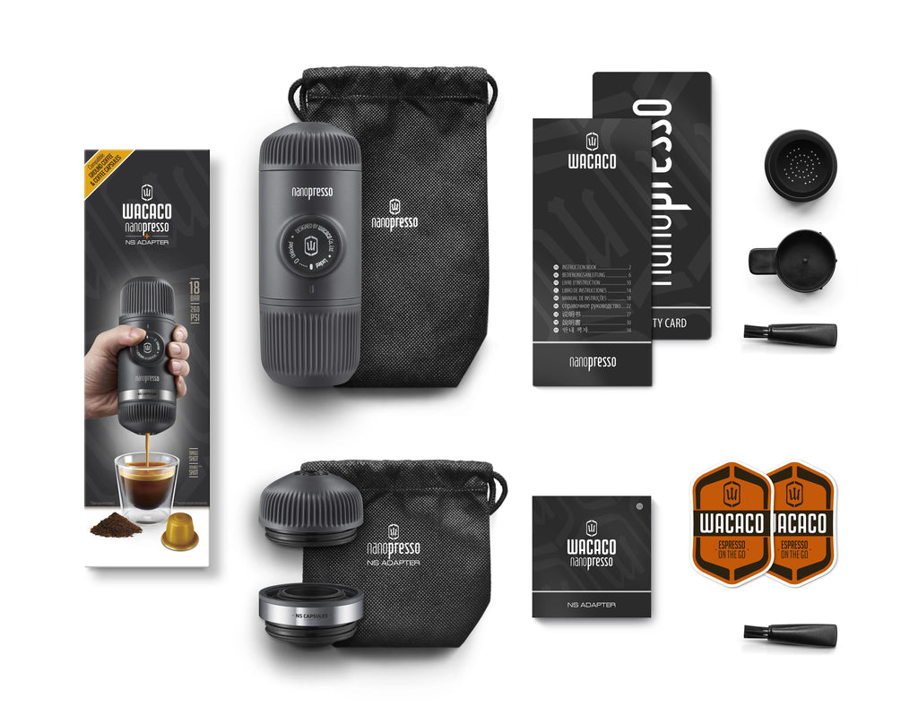 Wacaco Nanopresso Portable Espresso Maker - NS Adapter Compatible - for Capsules and Ground Coffee - Outdoor Coffee Machine Set - Ideal for Camping & Travel