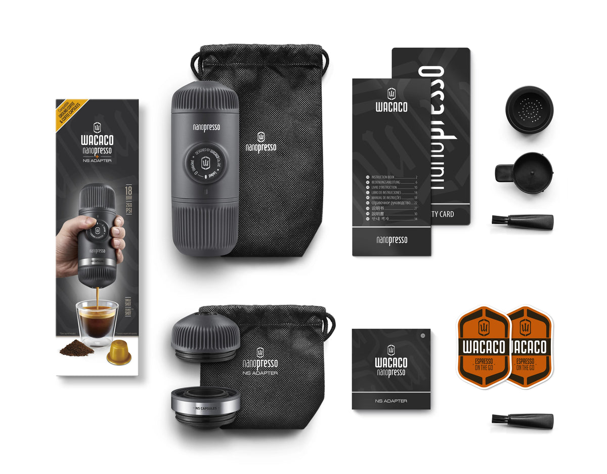 Wacaco Nanopresso Portable Espresso Maker - NS Adapter Compatible - for Capsules and Ground Coffee - Outdoor Coffee Machine Set - Ideal for Camping & Travel