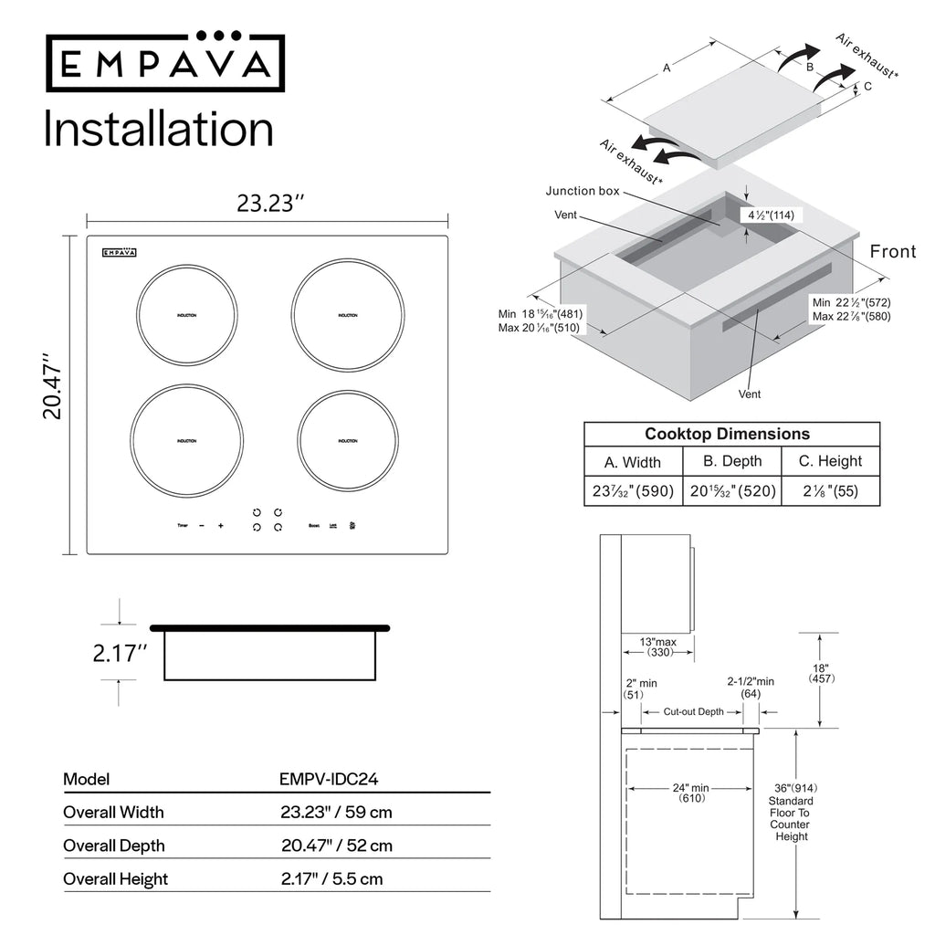 Empava 24" Electric Stove Induction Cooktop with 4 Power Boost Burners Smooth Surface Vitro Ceramic Glass in Black