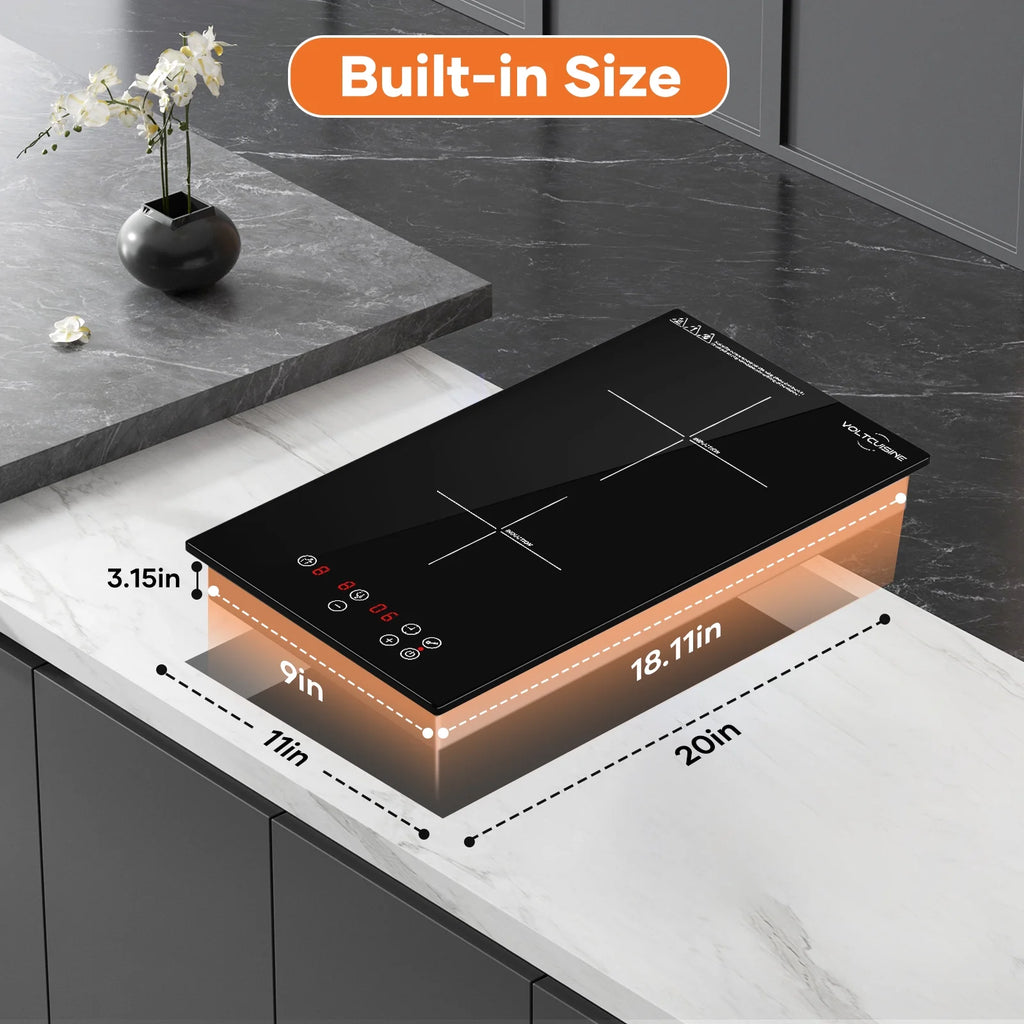 VoltCuisine Double/Dual Induction Cooktop 2 Burner, Shatter-proof Flat Glass Top, 9 Heat Settings, LED Touch Display with Child Safety Lock & Overheat Protection
