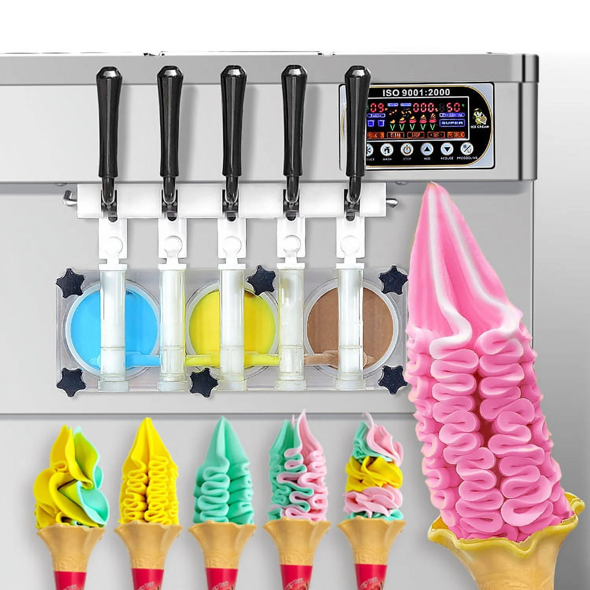 Kolice Commercial ETL 5 Flavors Soft Serve Ice Cream Machine,gelato soft ice cream maker -5 Different Discharge Nozzles,Upper Tanks Refrigerated