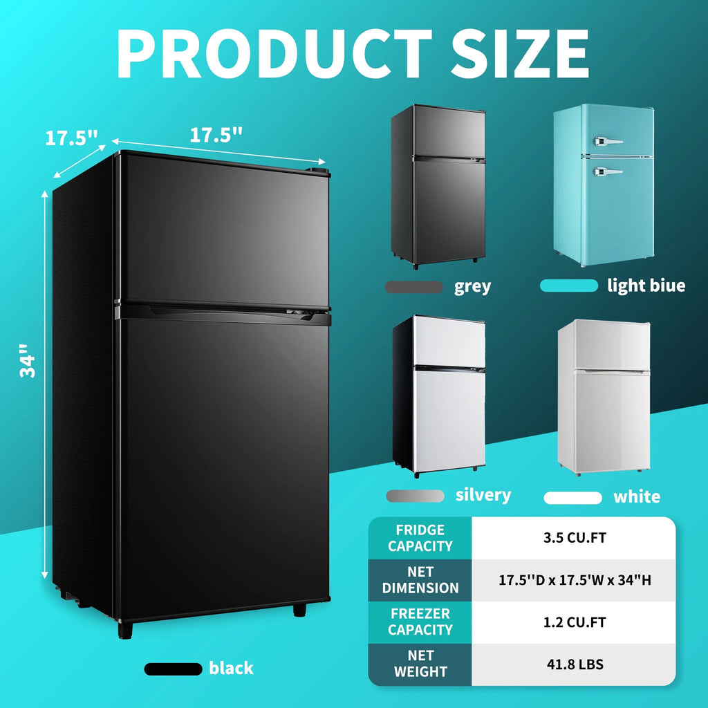CALLIEVER Compact Mini Fridge with Freezer, 3.5 Cu.Ft 2-Door Refrigerator �C Ideal for Dorm, Office, Bedroom �C 7 Temp Settings, Adjustable Shelves,Silver