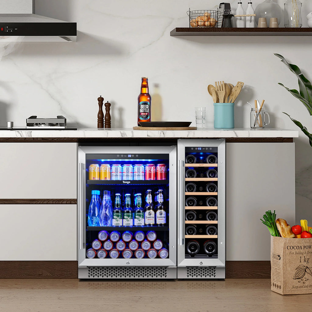 Yeego 30" Wine and Beverage Refrigerator,Two 15" Wine and Beverage Cooler Under Counter or Freestanding, Hold 33 Bottles and 80 Cans(Two Pack)