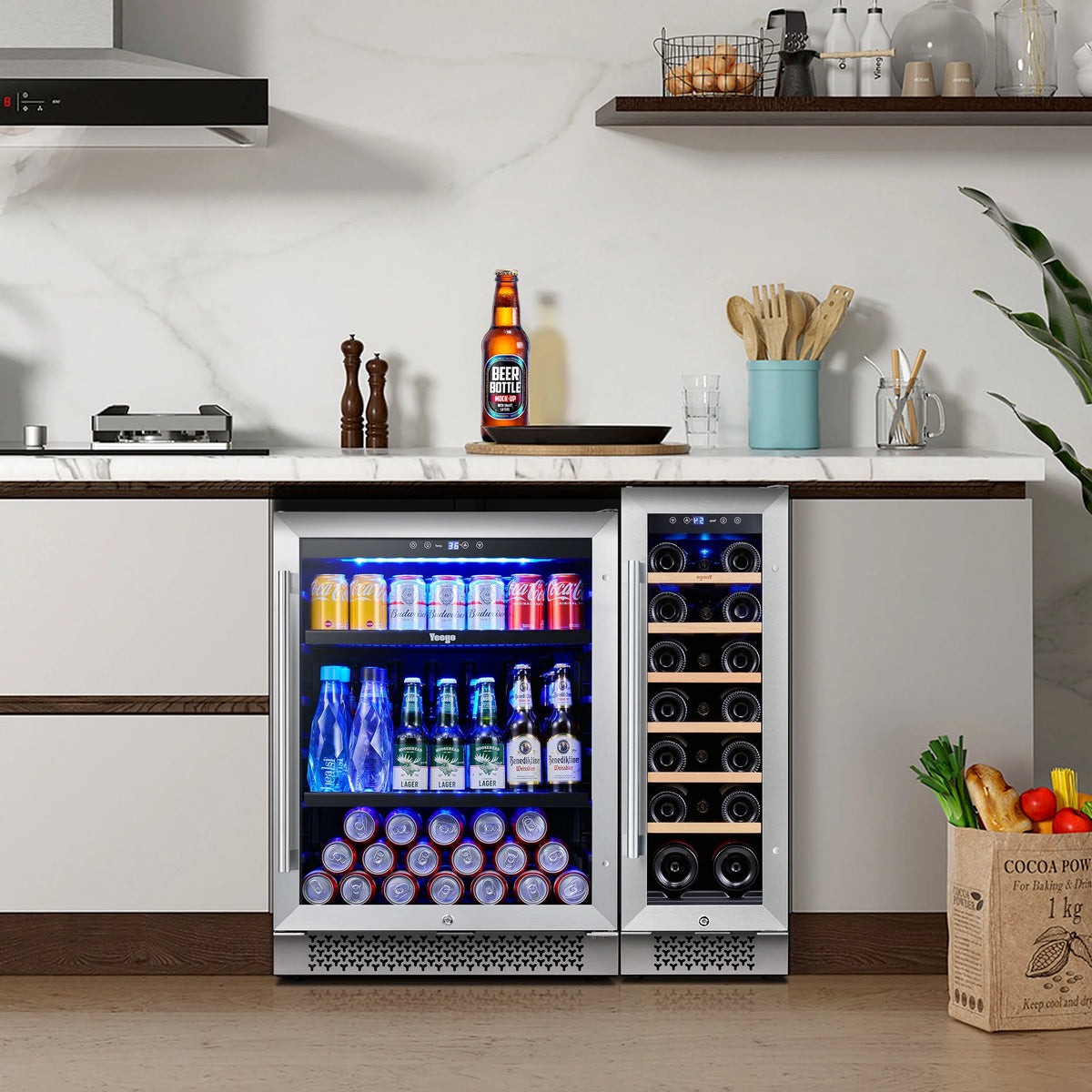 Yeego 30" Wine and Beverage Refrigerator,Two 15" Wine and Beverage Cooler Under Counter or Freestanding, Hold 33 Bottles and 80 Cans(Two Pack)