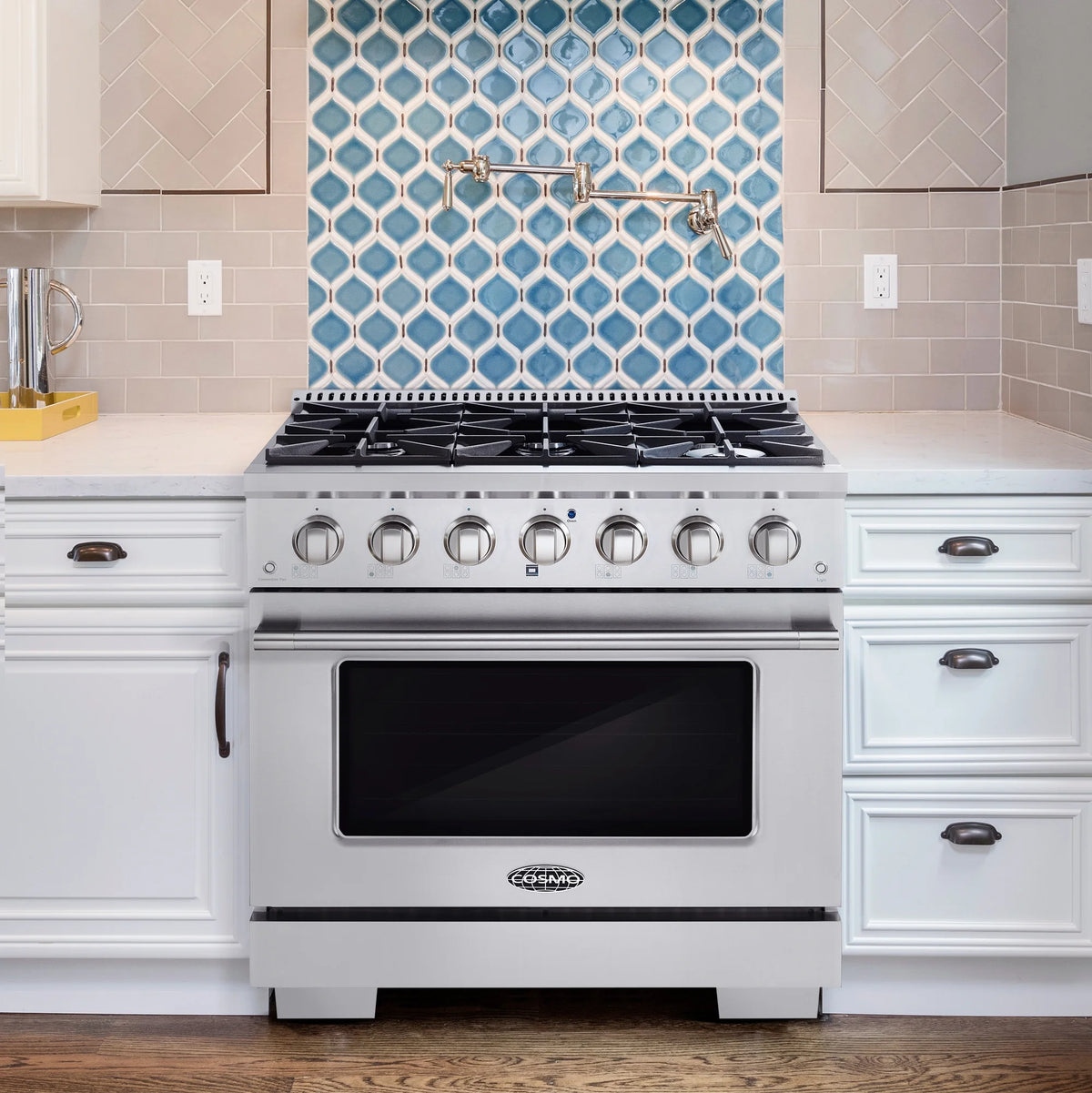 Cosmo 4 Piece Kitchen Appliance Package with 36" Freestanding Dual Fuel Range 36" Island Range Hood 24" Built-in Integrated Dishwasher & French Door Refrigerator Kitchen Appliance Bundles