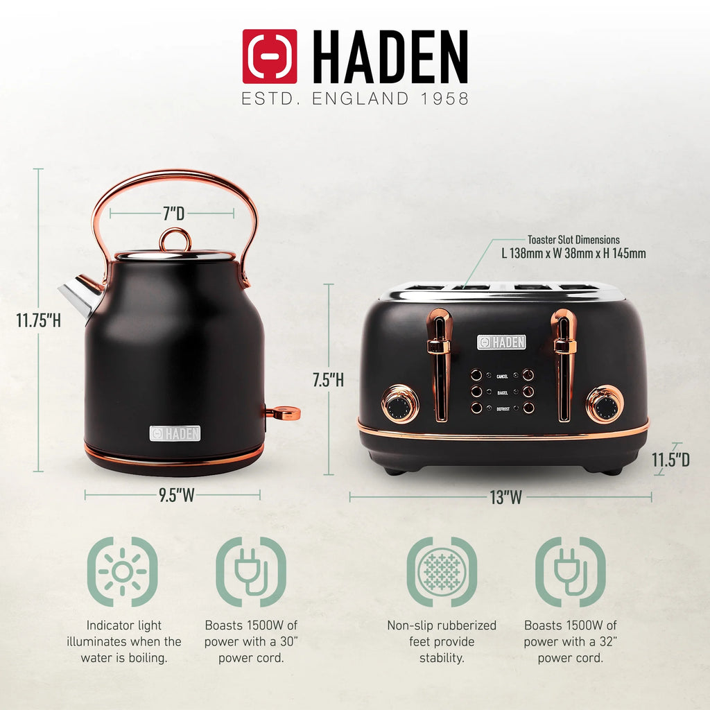 Haden Heritage 1500 1.7 Electric Kettle, Matte Black Finish with Copper Accents