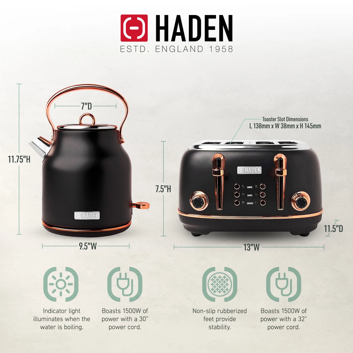 Haden Heritage 1500 1.7 Electric Kettle, Matte Black Finish with Copper Accents