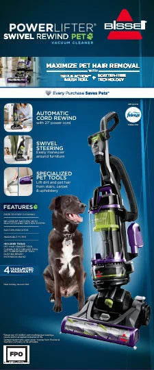 BISSELL PowerLifter Swivel Pet Rewind, Bagless, Upright Vacuum, Pet Friendly, Triple Action Brush Roll, Automatic Cord Rewind, Scatter Free Technology, 2259, Black & Purple