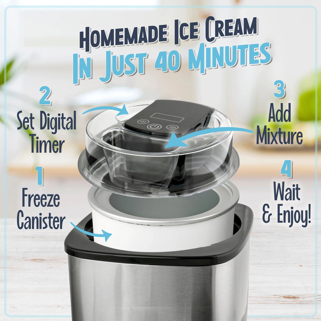 Nostalgia 2-Quart Electric Ice Cream Maker �C Make Homemade Ice Cream, Gelato, Sorbet & Frozen Yogurt �C No Salt/Ice Needed, Digital Controls, Mix-In Chute & Freezing Gel Canister �C Stainless Steel