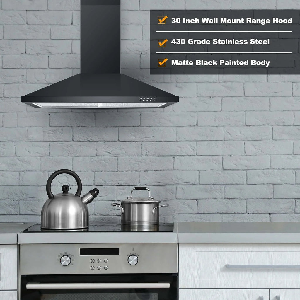 SNDOAS 30 inch Wall Mount Range Hood Stainless Stove Vent 3-Speed Exhaust Fan 120V,Balck