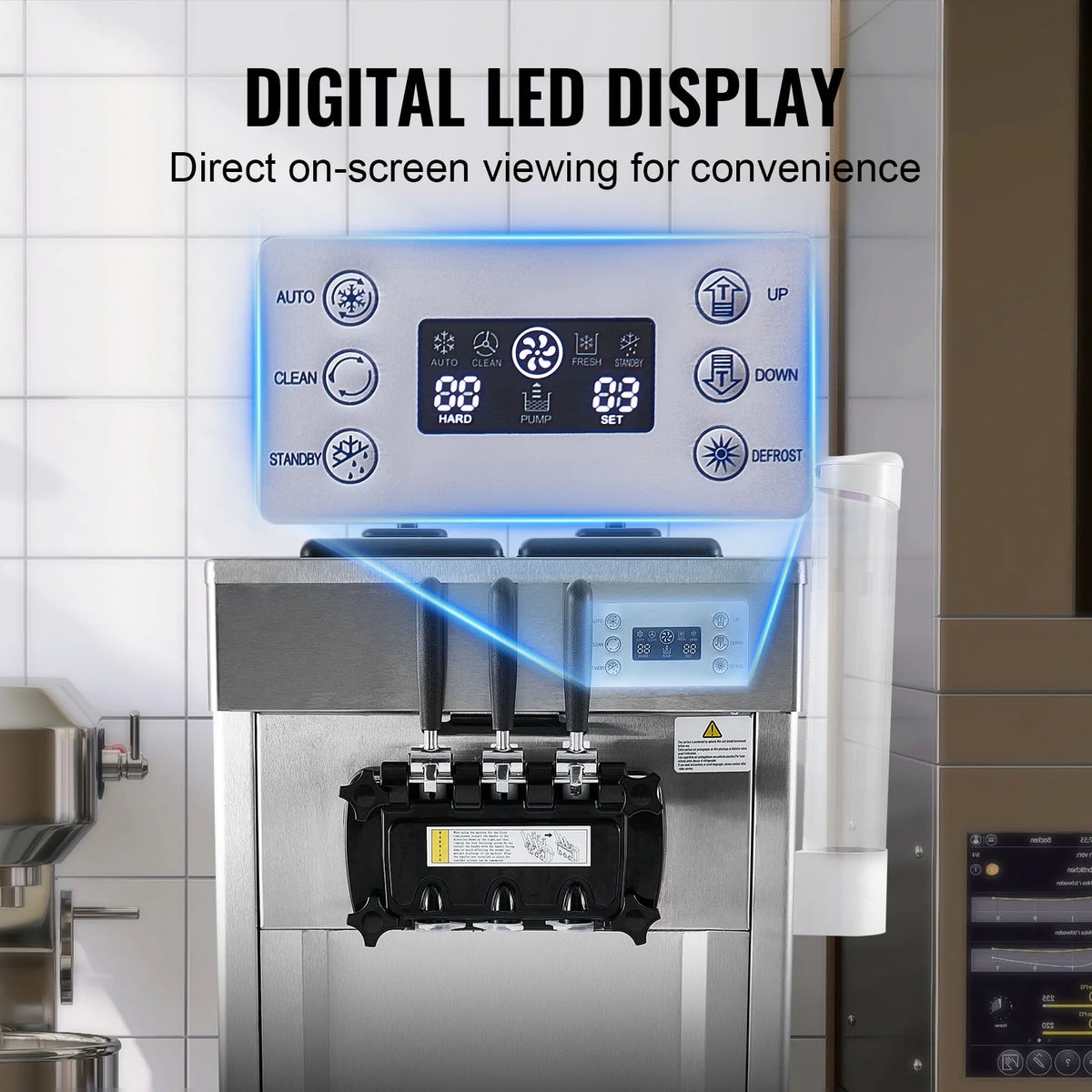 KFFKFF Commercial Soft Ice Cream Machine 21-31 L/H Output 3-Flavor  LED Display Auto Clean 4.3L/1.1GAL Hopper ,1.7L/0.45gal Cylinder