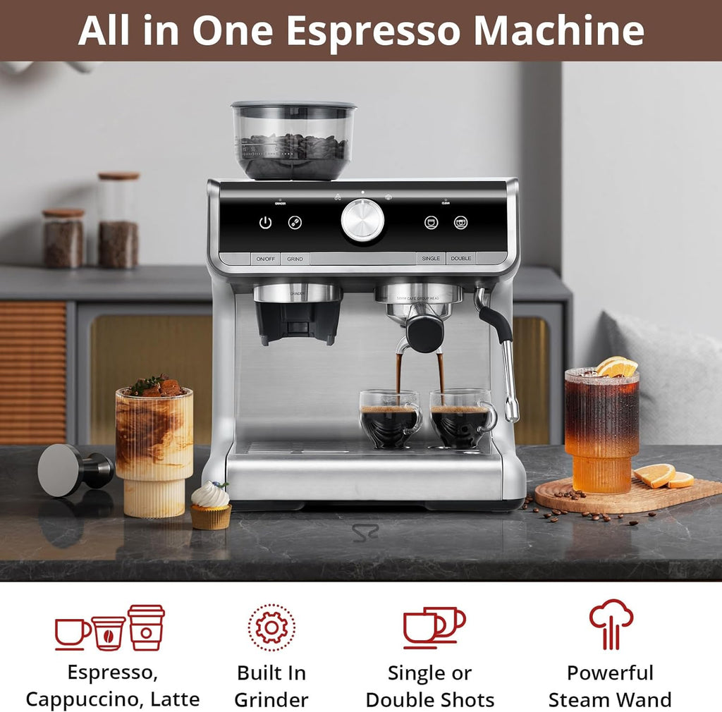 COZONY Espresso Machine 15 Bar, 2.5 L Water Tank, Semi Automatic Coffee Maker with Grinder, Milk Frother/Steam Wand, Italian Pump, All-in-One Espresso Machine, Stainless Steel, Silver