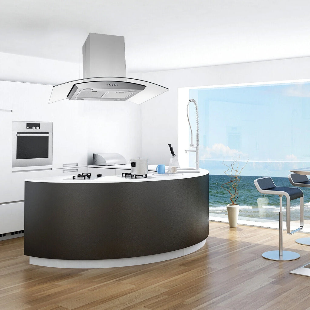 "Joeaonz 36"" Stainless Steel Island Mount Range Hood, Quiet 900CFM, 3-Speed Vent with Button Control and LED Bulb"