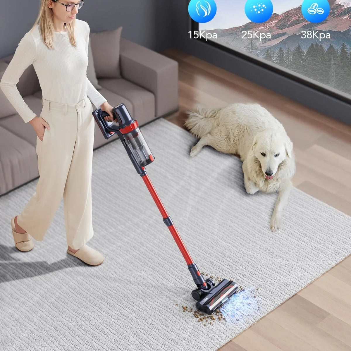 Cordless Vacuum Cleaner, 450W/38Kpa Vacuum Cleaners for Home with LED Screen, Max 60 Mins Runtime, Noise Reduction Tech, Anti-Tangle Stick Vacuum for Pet Hair Carpet and Hardfloor