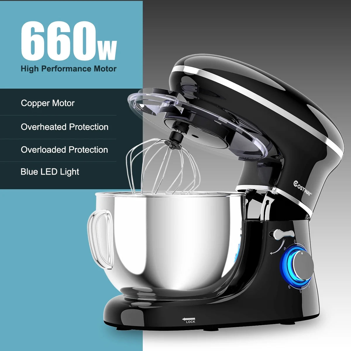 Costway 6.3 QT Tilt-Head Food Stand Mixer 6 Speed 660W wIth Dough Hook, Whisk & Beater Black