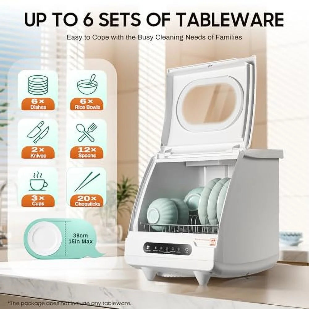 5 functions Countertop Dishwasher with 5L Water Tank,Upgrade Hot Air Dry Function,800W White Portable Dishwasher for Clean Dishes Knives Vegetables Fruits,161.6�H High Temp