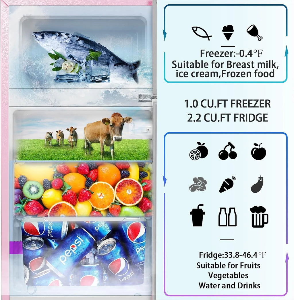 Kcpolre Pink Mini Fridge with Freezer 3.2 Cu.ft Refrigerators, Adjustable Glass Shelves, Quiet Dual Door Dorm Fridge for Bedroom, College, Office