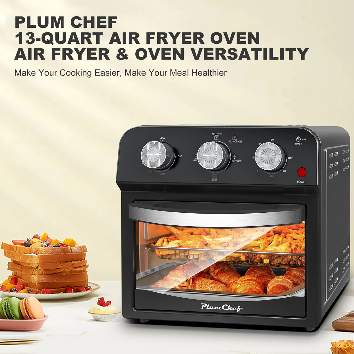 PlumChef 13 Quart 4 Slices Air Fryer Convection Toaster Oven, 1500W, 7 in 1 Multifunction with Roast, Bake, Grill, Broil, Toast, Dehydrate, Defrost, Stainless Steel