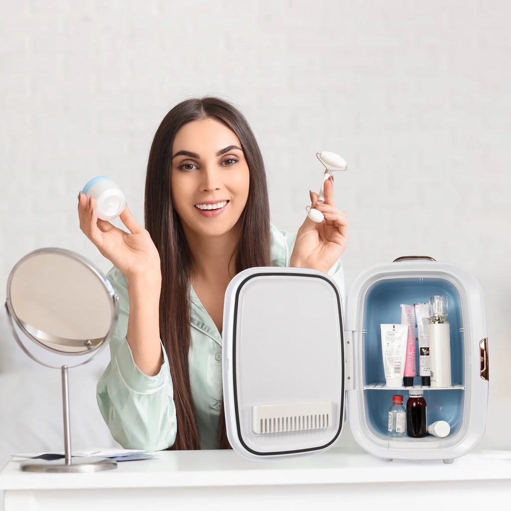 Dimmable LED Light Mirror Fridge - 20L Makeup Mini Fridge For Cosmetics, Skin Care, And Food - White