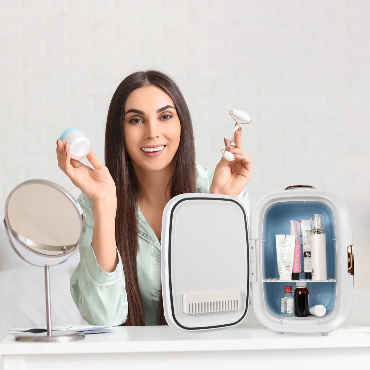 Dimmable LED Light Mirror Fridge - 20L Makeup Mini Fridge For Cosmetics, Skin Care, And Food - White
