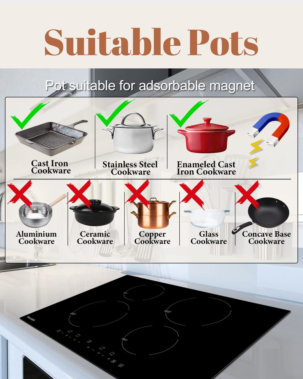 30" Induction Cooktop, 4 Burner Cooktop, 7000W, Boost Function, (No Plug)