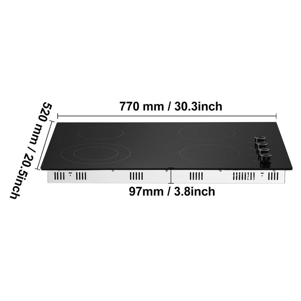 KFFKFF Built-in 4 Burner Electric Cooktop, 7200W Electric Range, 30" Electric Cooktop with Glass Surface, Knob Control, 11 Temperature Settings, 220-240V, Direct Wiring Required