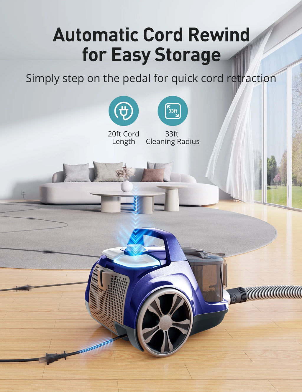 Canister Vacuum Cleaner, 30Kpa Powerful Suction, Bagless with 3.7QT Large Dust Cup, Auto Cord Rewind, HEPA Filter, 5 Attachments, Lightweight Vacuum for Pet Hair, Hard Floors & Car