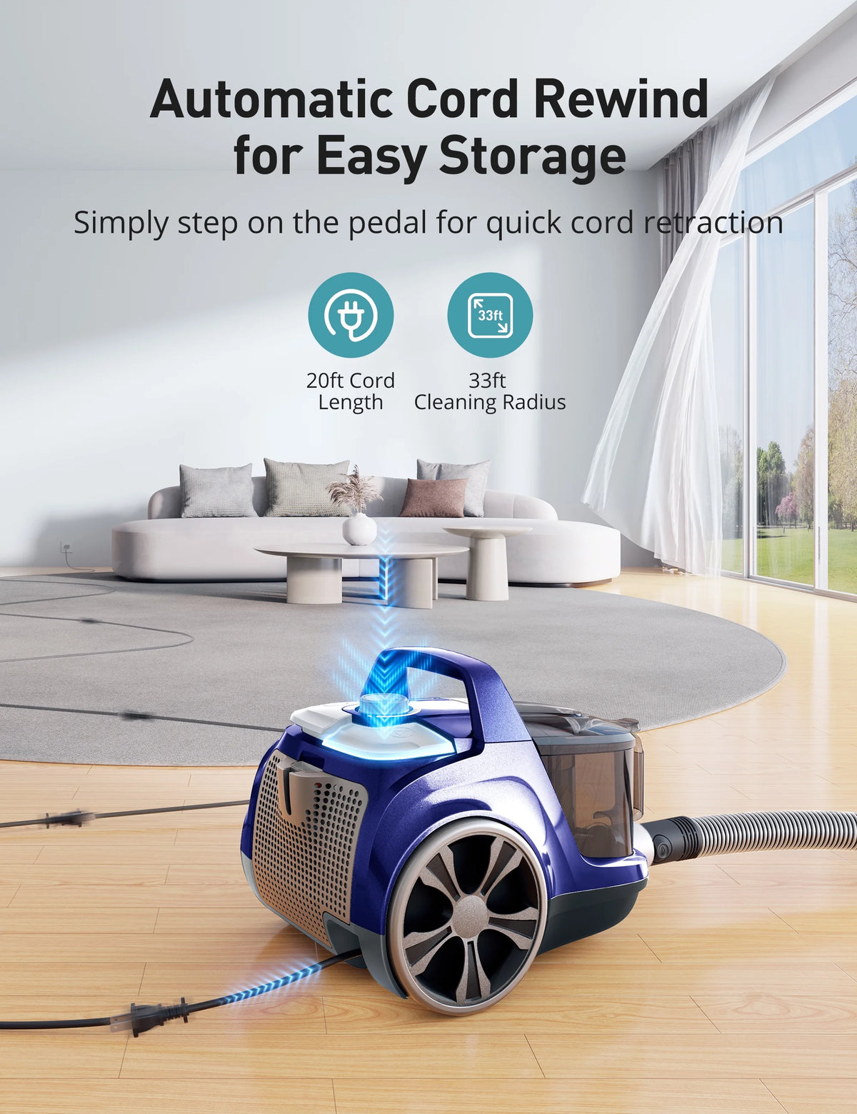 Canister Vacuum Cleaner, 30Kpa Powerful Suction, Bagless with 3.7QT Large Dust Cup, Auto Cord Rewind, HEPA Filter, 5 Attachments, Lightweight Vacuum for Pet Hair, Hard Floors & Car
