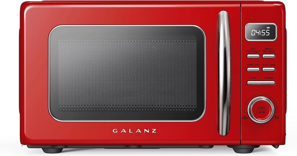 Galanz Retro Countertop Microwave Oven with Auto Cook & Reheat, Defrost, Quick Start Functions, Easy Clean with Glass Turntable, Pull Handle, .9 cu ft, Black