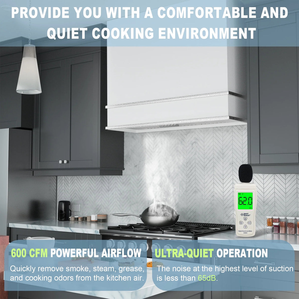 Akicon Range Hood 36 Inch, Ultra Quite Stainless Steel Kitchen Hood, Wall Mount Square Vent Hood with LED Light and Dishwasher-Safe Filters, Hood Vents for Kitchen, 3 Speeds, 600 CFM (AK-HS36HB-SWG)