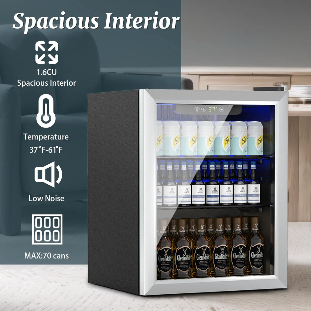 Compact 76 Can/1.7 Cubic Foot Beverage Fridge With Glass Door For Soda, Beer Or Wine, Under Counter Drinks Dispenser