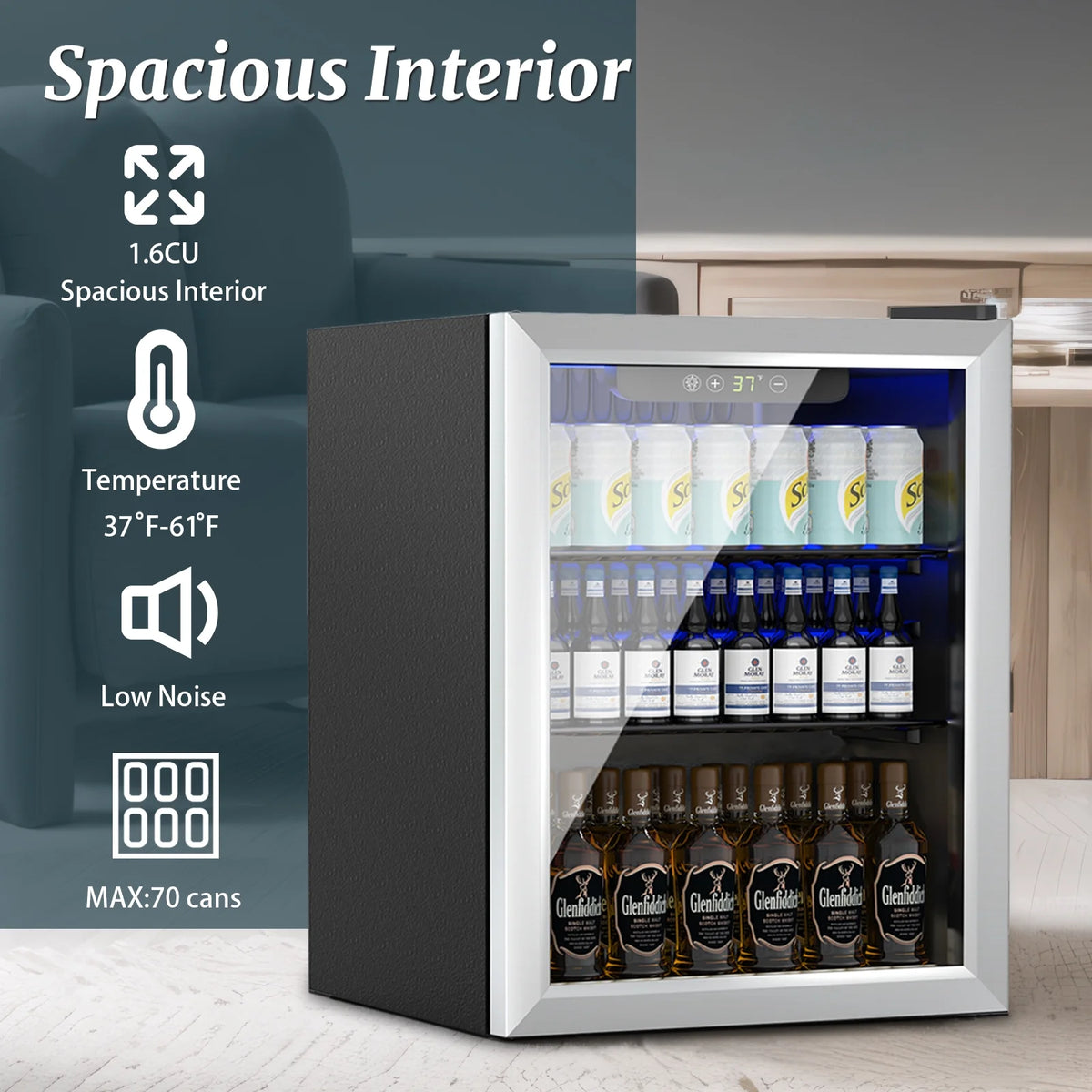 Compact 76 Can/1.7 Cubic Foot Beverage Fridge With Glass Door For Soda, Beer Or Wine, Under Counter Drinks Dispenser