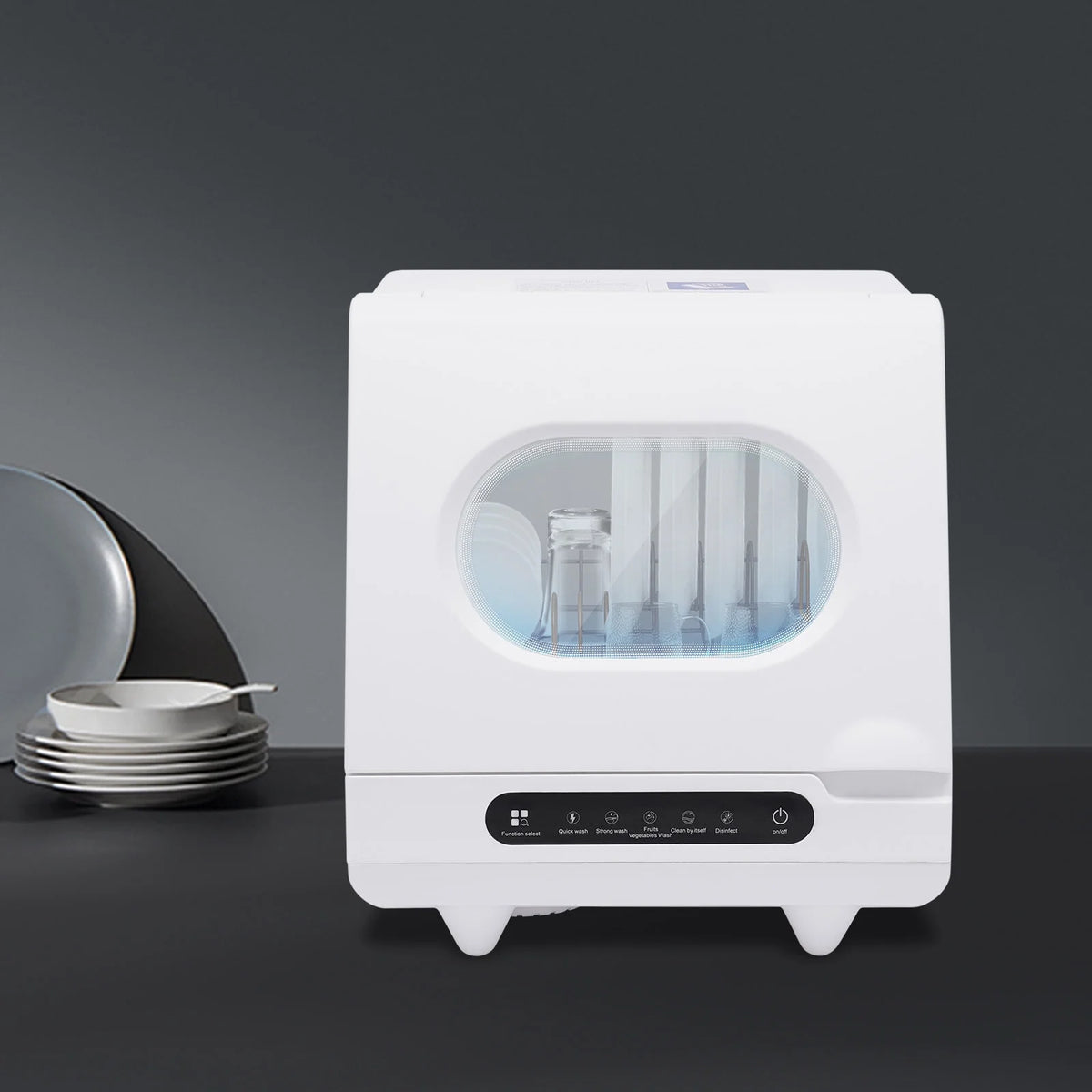 Flip-top Dishwasher White 5 intelligent washing functions Portable Countertop Dishwasher Compact  Low Noise Mini Dishwasher with Water Tank Leak-Proof Dry