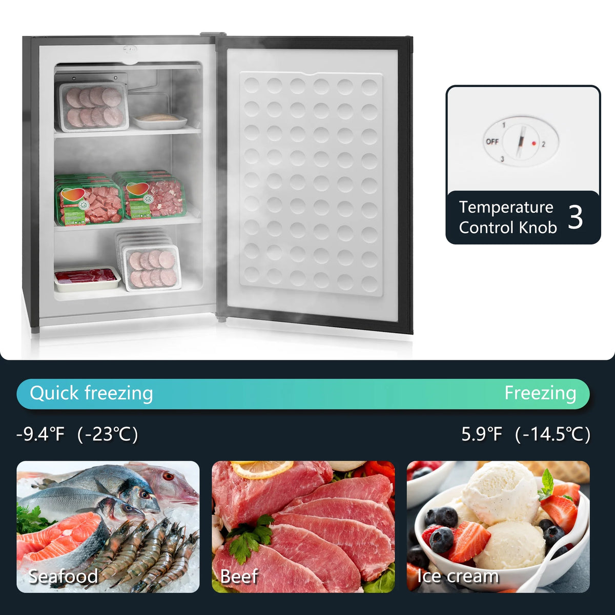 HOMCOM 3 Cu Ft Mini Freezer, Reversible Door, Under Counter Freezer, Black