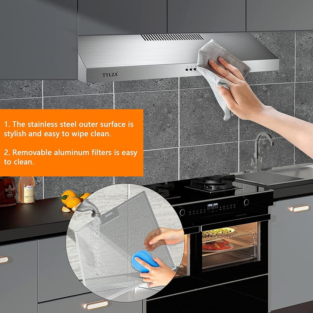 Tylza 30" 600 CFM Stainless Steel Kitchen Under Cabinet Range Hood with 2 x 2W LED Lights and 2 Replacement Charcoal Filter