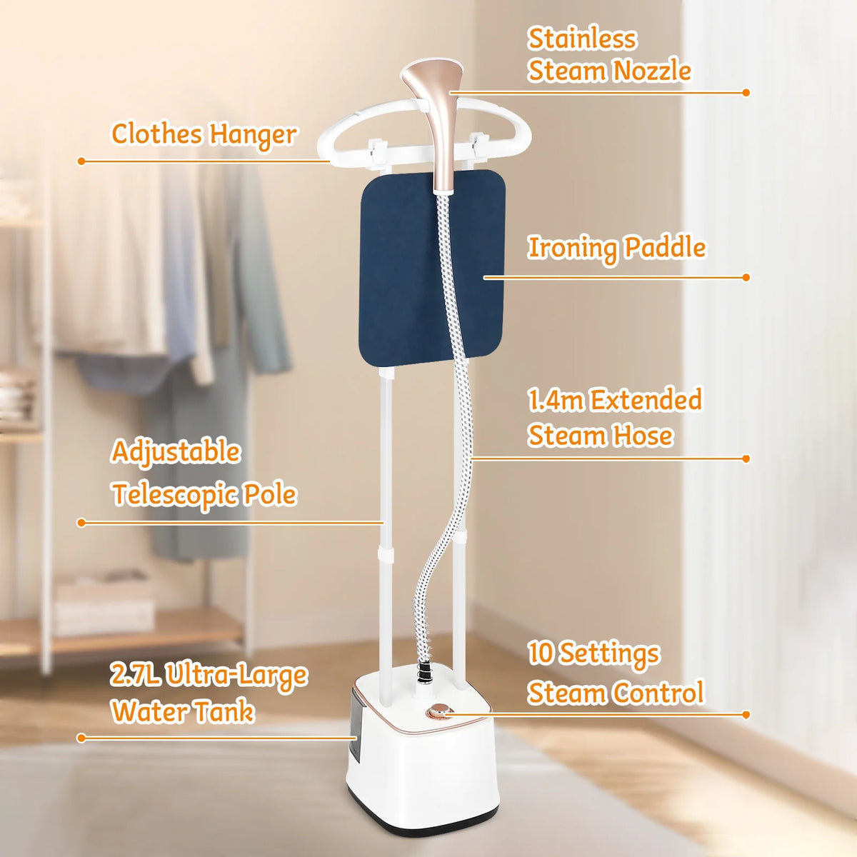 Advwin 2000W Garment Steamer for Clothes Standing, 10 Steam Levels, 2.7L Water Tank, Commercial and Household Use (Gold)