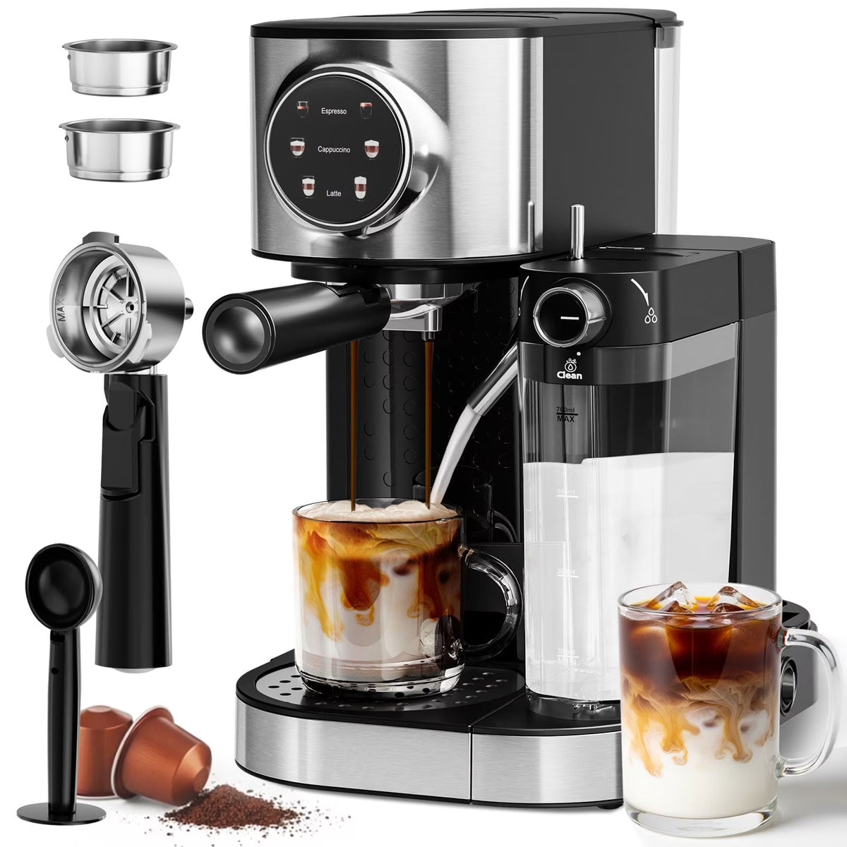 Auseo 20 Bar Espresso Machines, Espresso Coffee Maker with Milk Frother Steam Wand, Ground Coffee & Capsules, Black and Stainless Finish, Espresso/Cappuccino/Latte/Mocha for Home