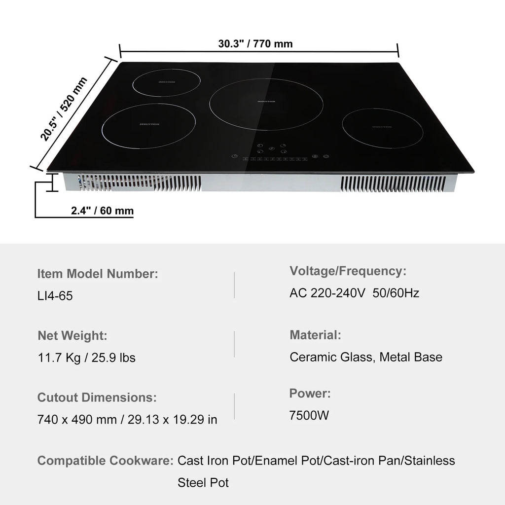 KFFKFF 4 Burner Electric Cooktop, 30'' 7500W 9 Power Settings Induction Cooktop Countertop Burner, with LED Display, Child Safety Lock & Heat Guard