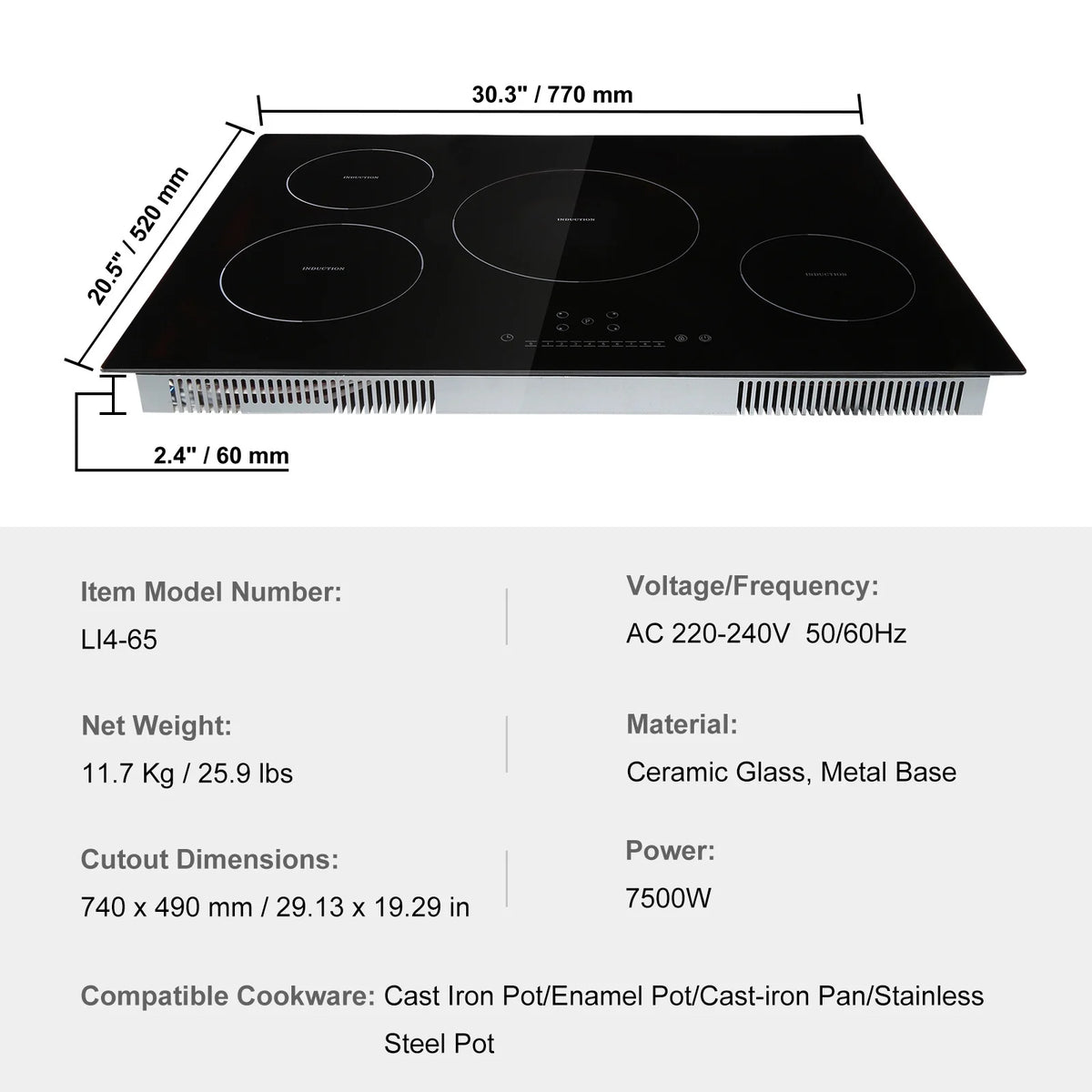 KFFKFF 4 Burner Electric Cooktop, 30'' 7500W 9 Power Settings Induction Cooktop Countertop Burner, with LED Display, Child Safety Lock & Heat Guard