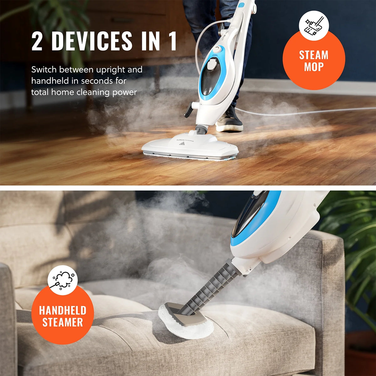 Pursteam ScrubMaster Steam Mop with Dual Scrubbing Head, LED Headlights, Adjustable Steam Control, Anti-Slip Swivel Head, Cable Holder & Upright Lock
