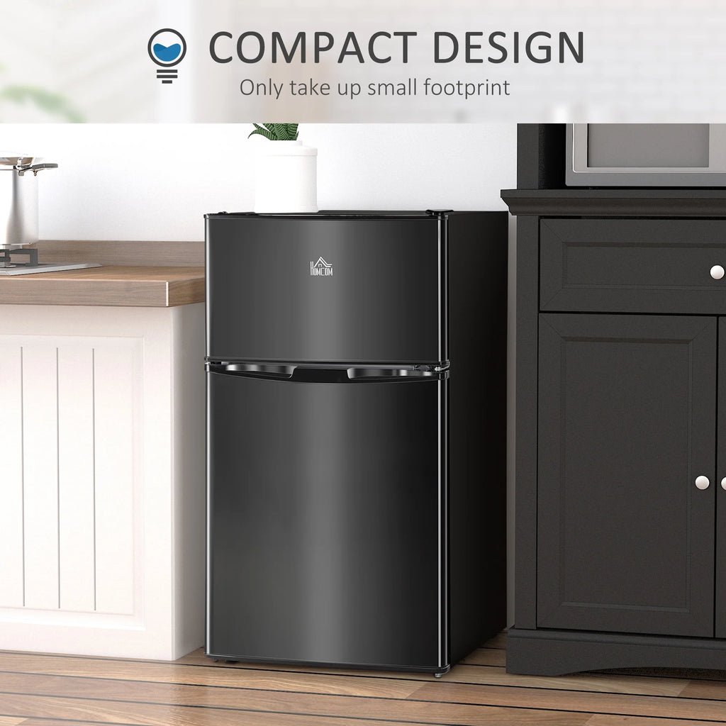 Homiyad 3.2 Cu.Ft Mini Fridge with Freezer, Double Door Compact Refrigerator with Adjustable Thermostat, Shelf and Reversible Door for Bedroom, Dorm, Home Office, Energy Efficient, Black
