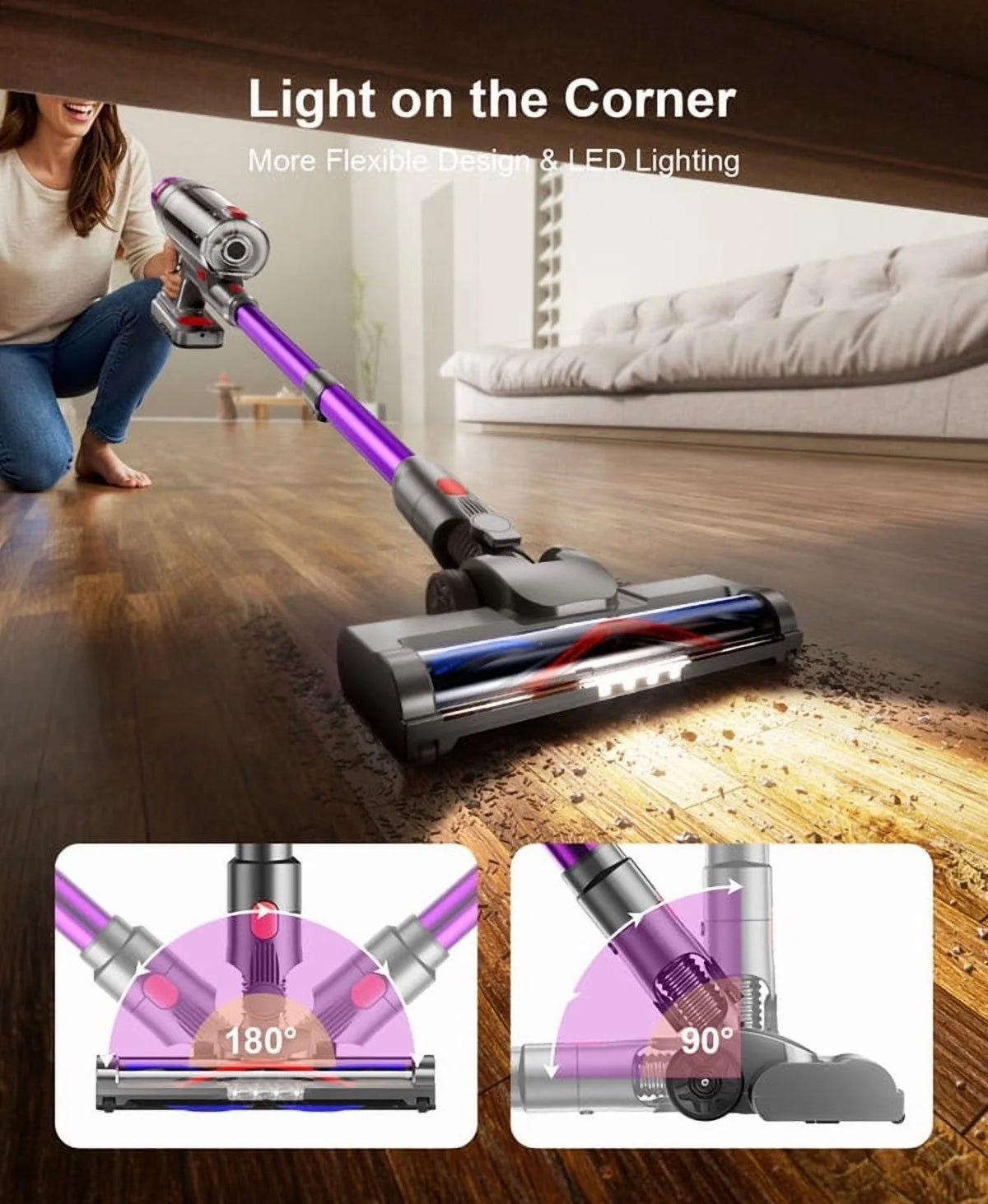 Hosaud Cordless Vacuum Cleaner - 45000pa 550W 55mins 2600mAh Lightweight Stick Vacuum Cleaners for Home Pet Hair Carpet Floor Purple
