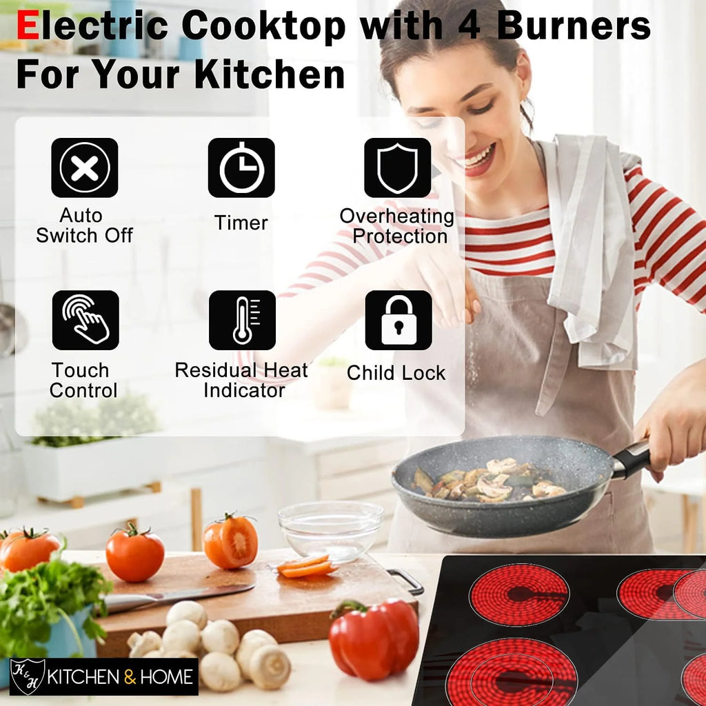 K&H German Designed 4 Burner 30 Inch Built-in Electric Stove Top Radiant Ceramic Kitchen Cooktop Knob Control 240V 7200W CE30-7206K