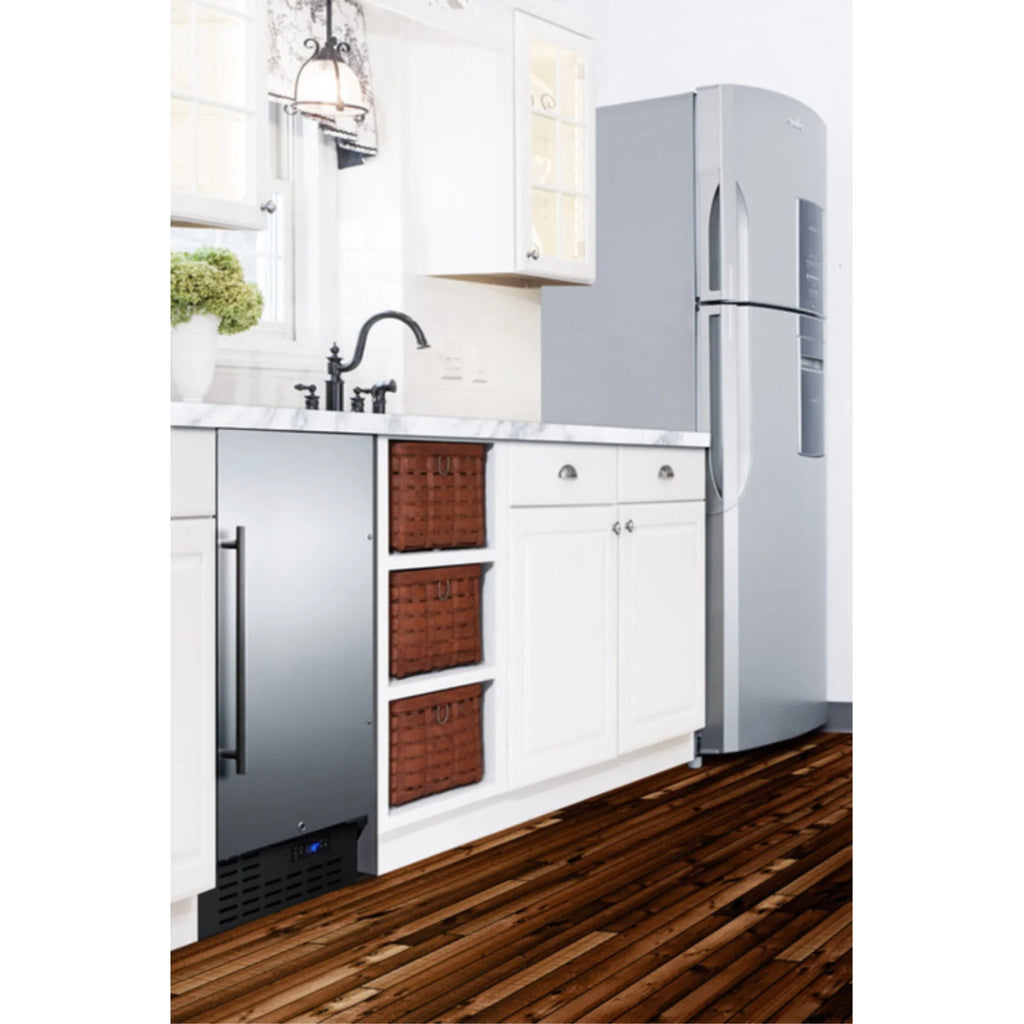 ADA compliant 18" wide frost-free freezer built-in or freestanding use, with SS door, black cabinet, lock, and digital thermostat