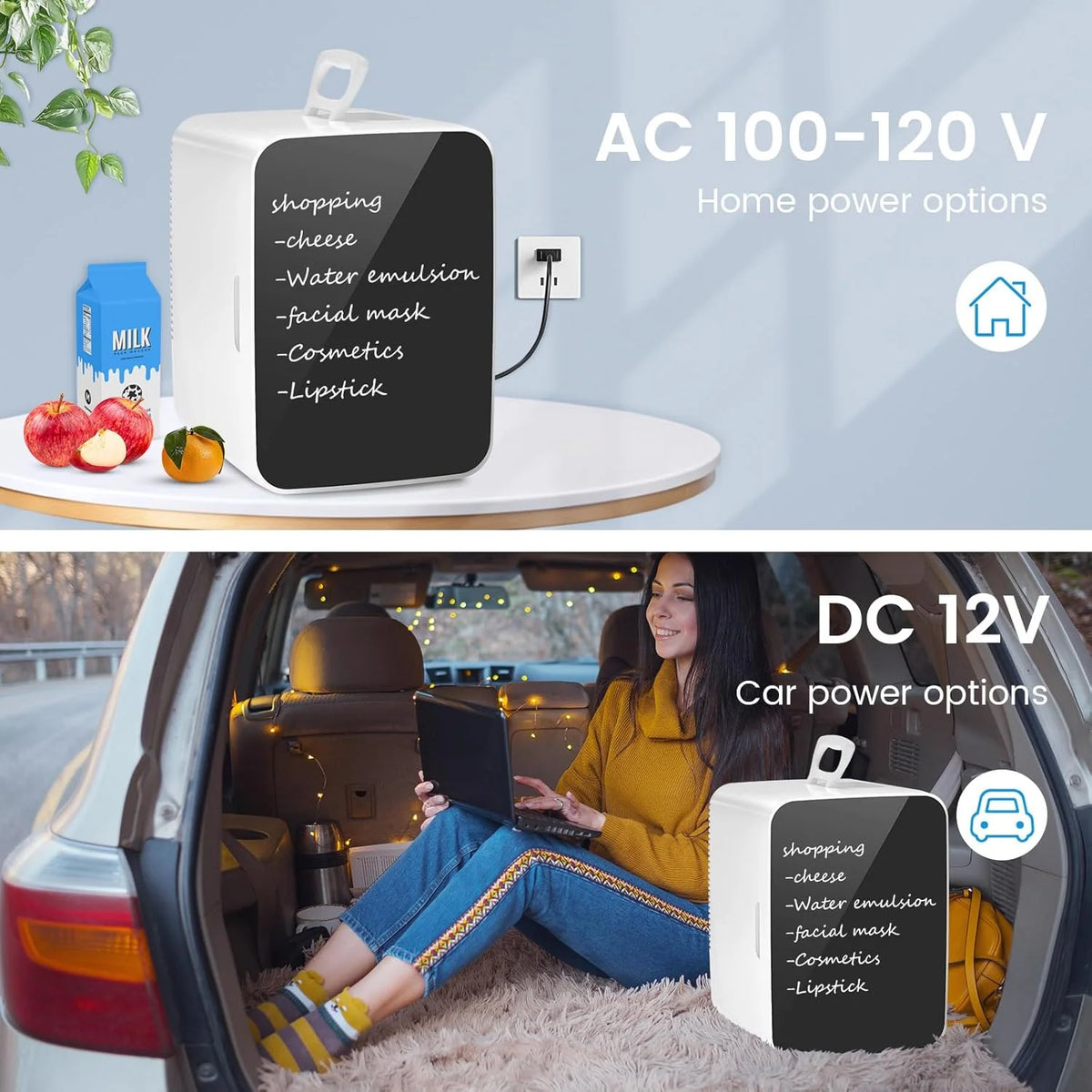Compact  Fridge, 15 Can Portable Small Refrigerator with  Adapters, 10 Liter White Cosmetics Cooler for Beverage, Food, Skincare